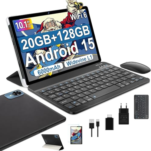 fezawio 2026 Android 15 Tablet 10 Pulgadas, 20GB RAM + 128GB ROM (TF/1TB),Tableta Octa-Core/Widevine L1/WiFi6&BT5.0/6000mAh, 8+5MP/1280 * 800 IPS,ratón,Tablet con Funda y Teclado-Negro