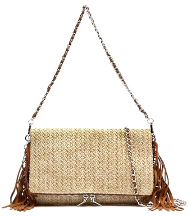 MISAKO Rafin bolso de hombro pequeño efecto rafia con flecos Mujer - Rafin Natural 18x4x27cm