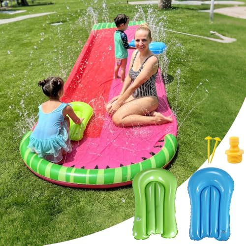 KBIBCK Tobogán acuático de 480 cm, toboganes de agua para césped para niños con 2 carriles de carreras y 2 tablas para el cuerpo, tobogán acuático deslizante y deslizante, tapete de tobogán de agua de
