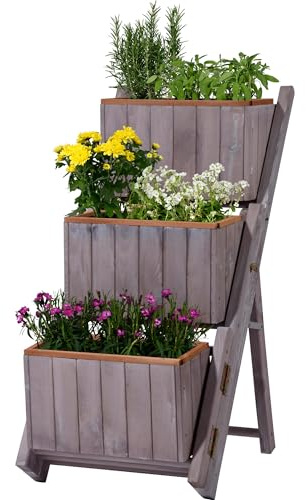 dobar® 29252e ausklappbare Pflanztreppe Dreistufig | Blumentreppe mit 3 separaten Pflanzkästen | Blumenkästen inkl. Pflanzfolie | Vormontierte Blumenkasten | Pflanzkübel Holz | 41 x 55 x 85 cm | Grau