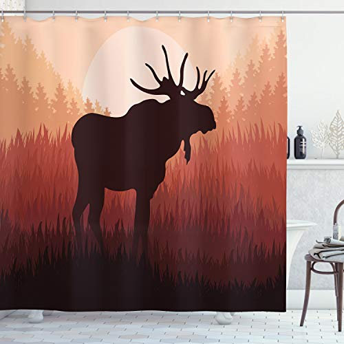 ABAKUHAUS Elch Duschvorhang, Wald Antlers Wilde Deer, Stoffliches Gewebe Badezimmerdekorationsset mit Haken, 175 x 200 cm, Pfirsich und Brown