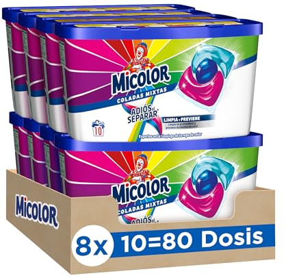 Micolor Detergente en Cápsulas Adiós al Separar (10 lavados, pack de 8), jabón para ropa de color en formato sostenible con poder quitamanchas que protege los colores