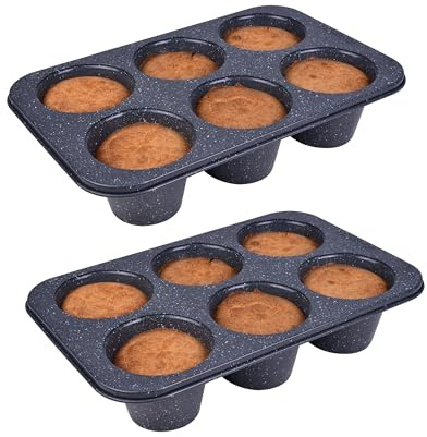 Monfish 2pcs Jumbo Deep Muffin Pan - 6-Cavity Baking Tray, 3.5x3 Inch Cups - Carbon Steel - Black Granite Stone Finish - Extra Large Cupcake Tins for Baking (2 deep muffin)
