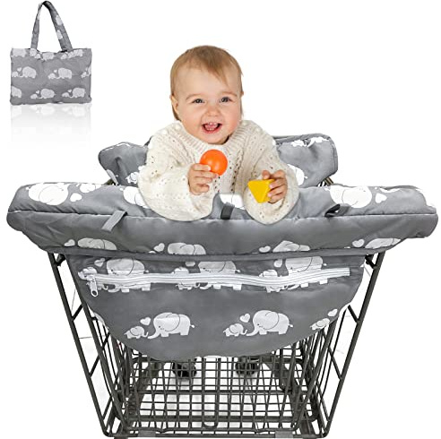 ASDIIT Protege Caddie pour Bebe et Couverture de Chaise Haute 2 en 1 Supermarché Coussin Protege Chariot Bebe Portable Housse de Protection pour Caddie Lavable en Machine (Gris-éléphant blanc)