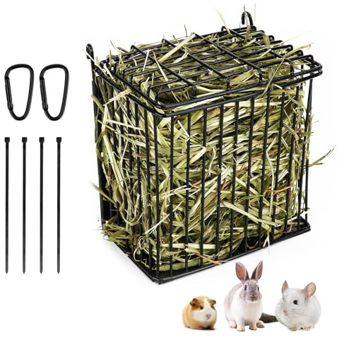 ANDOUNIER New Upgraded Rabbit Hay Feeder,Comes with Lid to Prevent Critters from Jumping in,Metal Frame Hay Rack with Adjustable Hook,for Rabbits Guinea Pigs Bunny Chinchillas Small Animals (Black)
