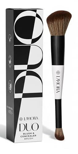 Lamora Blush Liquido + Correttore Fondotinta Pennello Trucco Doppio - Pennello Make Up Viso Duo Angolato Per Bronzer Fard Illuminante Polvere - Vegano, Cruelty-Free & Setole Sintetiche