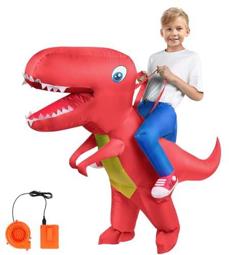 AOOWU Disfraz Dinosaurio Niño Hinchable, Disfraz Hinchable Niño con Sistema Inflable, Disfraces de Halloween para Niños y Niñas para Cosplay Cumpleaños Fiesta de Orgía, Rojo