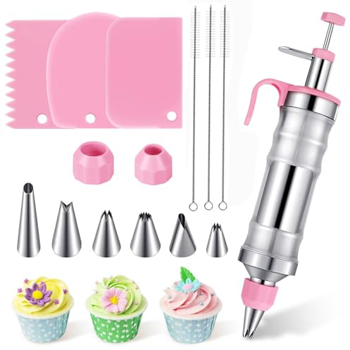 15-Piece Cake Decorating Kit, Stainless Steel Icing Piping Syringe, Pink | Includes 6 Nozzles, 3 Scrapers & Couplers, Reusable Baking Tools for Cream Filling, Donuts & Birthday Cake Decor