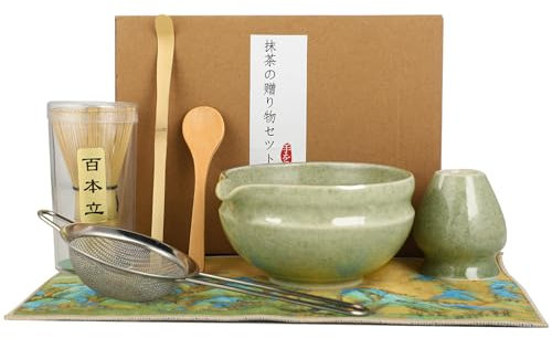 Hippodance Matcha Kit,Set Tè Matcha 7 Pezzi,Frusta Matcha, setaccio da matcha,Ciotola Matcha, Supporto Chasen e Cucchiaio Matcha,Matcha Kit ideale per la preparazione del tè matcha