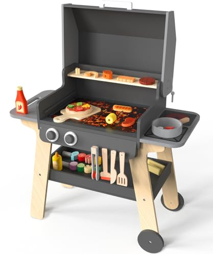 Kids BBQ Grill Playset Play Kitchen Toy for Toddlers & Children Ages 3-8, Wooden Outdoor Indoor Pretend Play Cooking Toys with Toy Food and Grilling Tools, for Girls & Boys