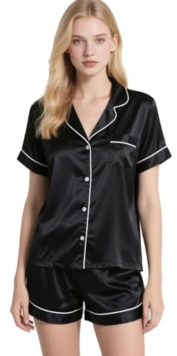 Fjquamitix Silk Pajamas for Women,Short Sleeve PJ Shorts Set,Satin Sleepwear,Lightweight Women's Pyjama Sets for Loungewear