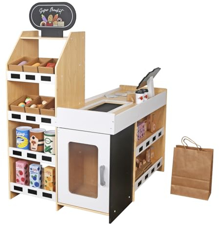 Holz Kaufladen für Kinder – großer Kaufmannsladen mit Zubehör, Kasse, Scanner & Spielgeld – Rollenspiel Spielzeug aus Holz (83x62,5x107 cm)