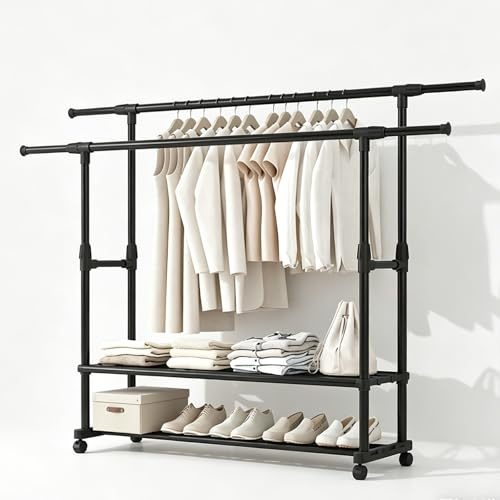 Appendiabiti su rotelle, allungabile, doppio regolabile in altezza, resistente, stabile, con 2 ripiani per scarpe, per lavanderia, camera da letto (90-150) x 42 x (95-155) cm