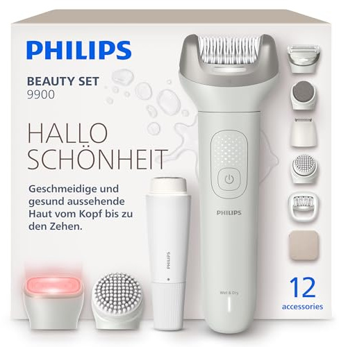 Philips Beauty Set Series 9900 - All-in-One Set for Body, Face, Bikini and Feet, Cordless Epilator for Wet and Dry Use, Hair Removal, Body and Skincare, SkinLED, 12 Accessories, Model BRE749/00