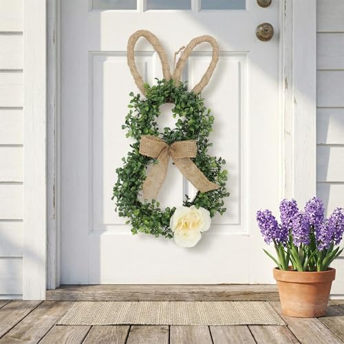 Easter Bunny Wreath, Handcrafted Bunny Wreath with Bow Tie and Flower, Reusable Door Wreath Garland for Home Entryway Fireplace Window Hotel Party (Multicolor-A)