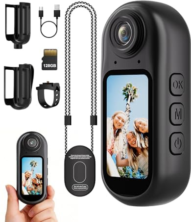ONKELYIM Mini cámara de acción 4K WiFi, cámara corporal portátil de 128 GB, cordón magnético, tamaño pulgar, grabación manos libres, cámara para mascotas, viajes, trabajo, deportes acuáticos