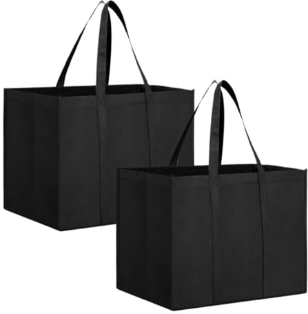 QEXUJOW Due borse per la spesa nere con manici, 41×33×26 cm. Pieghevoli e riutilizzabili, adatte per lo shopping, i picnic, i viaggi e le gite in spiaggia.