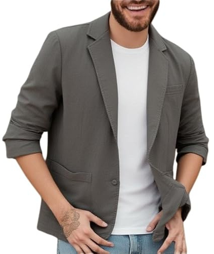 HUIANGLIYG Blazer Informal de Lino para Hombre, Chaqueta de Traje Ligera con Solapa con Muescas, Abrigo Deportivo de Dos Botones con Bolsillos, Chaqueta Holgada de Lino de Verano para Uso Diario