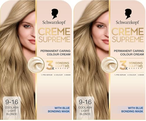 Schwarzkopf Creme Supreme 9-16 Cool Ash Light Blonde, Permanent Hair Dye, Caring Hair Dye Colouration with 3-Step Bonding System Against Damage, Neutralises Yellow Tones (Pack of 2)