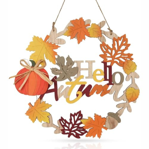 Autumn Decorations Door Sign Fall Door Decor Wooden Wreath,Harvest Welcome | Autumn Decorations for Home,for Front Door, 3D Wooden Fall Door Sign Hanging Pumpkin Maple Leaf Wreath with Outdoor Indoor