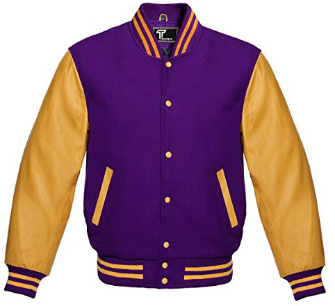 Premium Letterman Baseball School College Bomber Varsity Jacket Purple & Gold Genuine Leather Sleeves (Purple/Gold, 3XL)