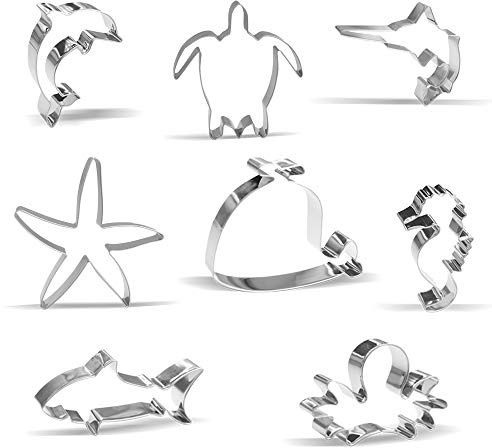 Sea Creatures Cookie Cutters - 8 Pieces - Shark, Octopus, Whale, Swordfish, Seahorse, Starfish, Dolphin, Turtle - Stainless Steel