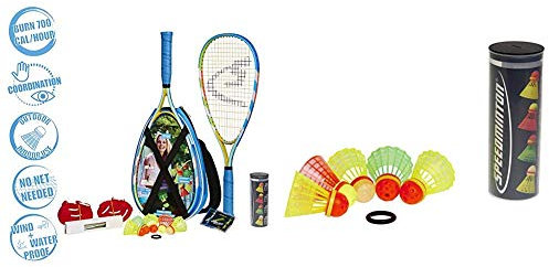 Speedminton® S700 Set – Original Speed Badminton/Crossminton Allround Set inkl. 5 Speeder®, Tasche & Mix Speeder - 5er Pack Speed Badminton/Crossminton Bälle gemischt inkl. Windring
