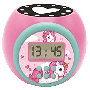 Lexibook Projector-Wecker Einhorn mit Schlummerfunktion und Weckfunktion, Nachtlicht mit Timer, LCD-Bildschirm, Batteriebetrieb, Rosa, RL977UNI