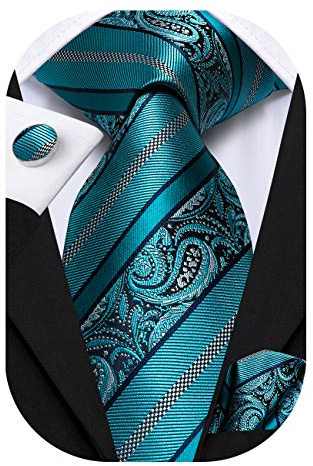 Hi-Tie Men Ties Sets Silk Stripe Paisley Necktie Pocket Square Cufflinks for Business Wedding,Teal Paisley
