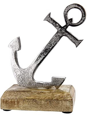 Seaside No.64 Décoration maritime en aluminium - Ancre sur bois de manguier - Hauteur : 16 cm