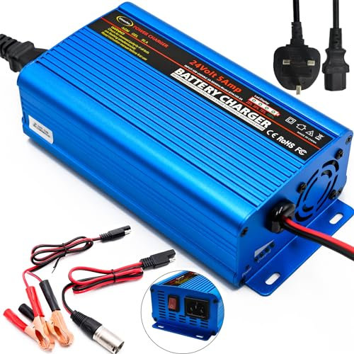 24 Volt battery charger Smart Fully Automatic Battery Charger Maintainer Trickle Charger 5A 3-pin XLR alligator connector with I/O switch(UK Plug)