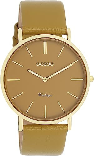 Oozoo Vintage Damen Uhr Olive/Gold - Armbanduhr Damen mit 20mm Lederarmband - Analog Damenuhr in rund C20327