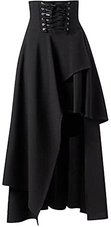 Women's Renaissance Maxi Skirt Elastic High Waist Medieval Steampunk Victorian Pirate Drawstring Ruffle Vintage Long Skirts, black, XXL