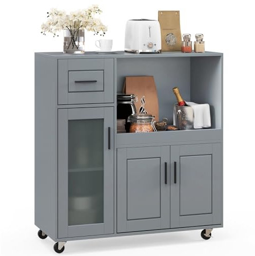COSTWAY Rolling Kitchen Island, Kitchen Storage Trolley with Drawer, Frost Tempered Glass Door, 2-Door Cabinet, Open Compartment and Lockable Wheels, Utility Serving Cart for Dining Room Restaurant