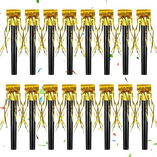 LQTSLFM 18 Stück Partytröten Gold, Party Krachmacher, Luftrüssel Tröten Party, Partytröte 11cm, Party Zubehör für Weihnachten, Silvester, Neujahr, Hochzeit, Geburtstag Party