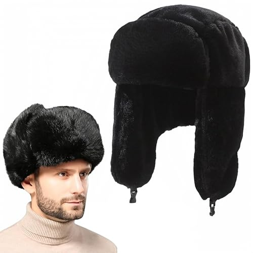 SDXCJY Sombrero de cazador de invierno, sombrero de bombardero, sombrero ruso, gorro de invierno cálido con oreja, resistente al viento, sombrero de piel sintética, gorra de aviador, gorra de piloto