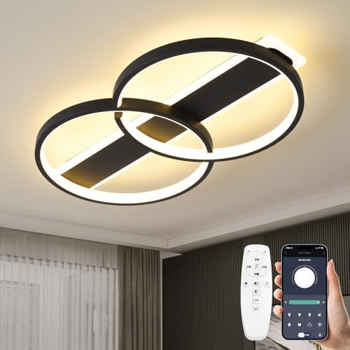 MYCUL Plafonnier LED,éclairage de Plafond à Intensité Variable avec Télécommande,2 Anneaux Ronds Design Plafonnier Salon,32W Luminaire Chambre Moderne Luminaires Intérieur Pour Salle à Manger,Noir
