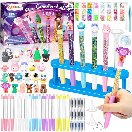 KDISHKRA Fabrique a Stylo - 102 Accessoires, Activité Manuelle Enfants 5-12 Ans, Kit Loisir Creatif Enfant, Kit de Creation Stylo Enfant, Cadeau Anniversaire et cadeaux de Noël Fille Garcon