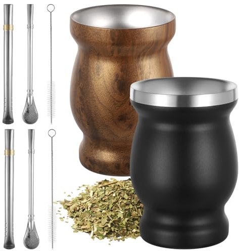 wkao Stainless Steel Yerba Mate Cups, Set of 2, 8 Oz, with Spoon, Straw & Brush, Double Wall Insulation, Easy Maintenance