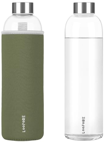 LOOFORE Bouteille en Verre 1 litre 1000ml, Sans BPA, anti-fuite, Gourde Reutilisable en Borosilicate, Bouteille d'eau en Verre pour Bureau, Sport, Camping, Enfants et les Adultes