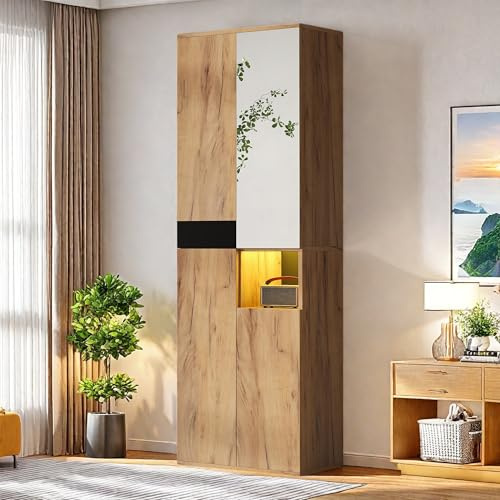 OLIVIBED Mobile alto con specchio, armadio a 4 ante e vano aperto, armadio con vano portaoggetti, armadio per camera da letto, soggiorno, corridoio, nero e naturale, 65 x 35 x 190 cm