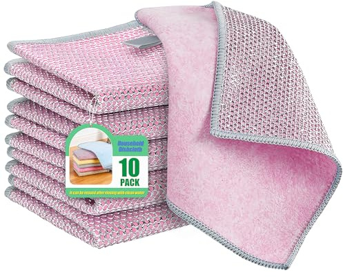 Weishuo 10 Piezas Paño de Limpieza Doble Capa Antiarañazos - Microfibra Absorbente y Alambre de Acero Reutilizable para Lavar Platos, Cocina, Vajilla 23x18cm(Rosa)