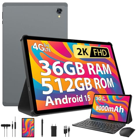 PIXPEAK Tablet 10.6 Pollici Android 15, 4G SIM Lte & 5G WiFi, 36GB RAM, 512GB ROM (TF 1TB), 2000*1200, Widevine L1, 13+8MP, GPS, Octa-Core, Tablet in offerta con tastiera|Mouse|Custodia|Cuffie (Gri)