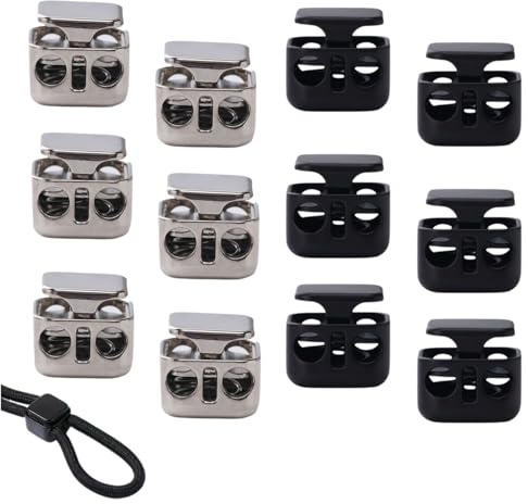 AUCANNIO 12Pcs Heavy Duty Cord Locks, Heavy Duty Double Hole Drawstring Stoppers and Toggles, Durable Press Fasteners for Shoelaces, Bags, Hoodies, Pants, Lanyards, Paracord, Hats (Black and Silver)