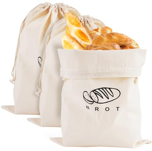 3 Piezas Bolsas para Pan de Lino, 39 x 30 cm Pan de Lino Reutilizable, Bolsa de Pan para Mantener Fresco, Brot Leinensack con Cordón, Almacenamiento de Alimentos, para Baguettes, Frutas, Verduras