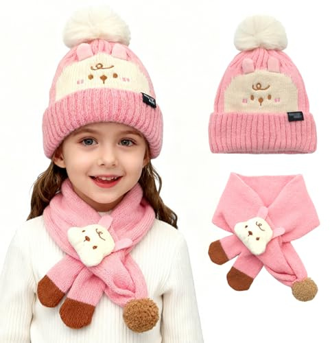 FOSDICK Gorro y Bufanda de Hilo Tejer para Niña 1-8 Años, Conjunto Invierno con Diseño Conejo Rosa, Set 2 en 1 Accesorios Bebé Calido Suave Prendas Infantiles
