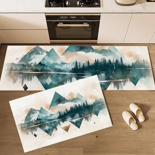 Montañas del Bosque Alfombra de Cocina Antideslizante Alfombra de Cocinas, Acuarela geométrica Durable Anti-Fatiga Corredor de Pasillo para Cocinas Lavable de Cocina,45x75+45x150cm