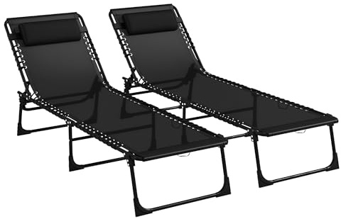 Outsunny Set di 2 Lettini Prendisole Pieghevoli con Schienale Reclinabile su 4 Livelli, Sdraio da Giardino con Seduta Traspirante in Tessuto a Rete, per Spiaggia Piscina Giardino, 189x58x30 cm, Nero