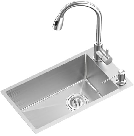KUYBTU Stainless Steel Kitchen Sink Single Bowl Sink Home Kitchen Recessed Washbasin Large Undercounter Basin Pull-Out Faucet; All Around Cleaning -50x35cm(19.68x13.77in)