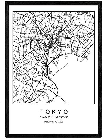 Nacnic Stampa artistica cartina geografica della città di Tokyo, Giappone. Mappa della città dell'arte, stile nordico in bianco e nero.